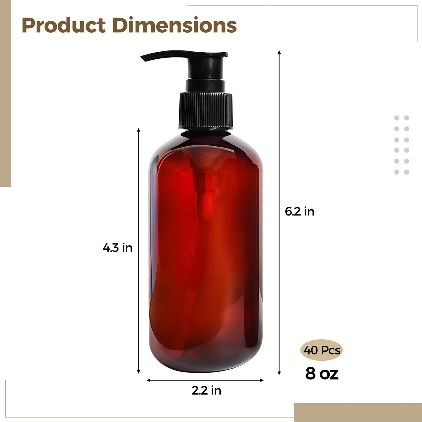 40 Pcs Empty Lotion Bottles with Pump 8oz - Refillable Amber Plastic Bottles, Liquid Dispensers with Secure Pumps, 250ml Travel-Size Containers for Lotion, Shampoo, Conditioner, Body Wash