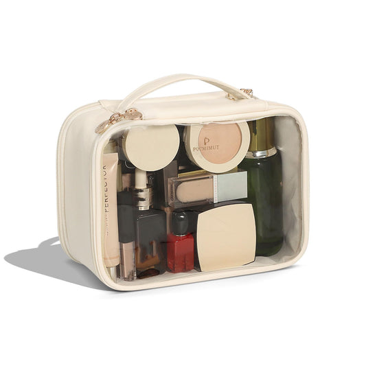 Pocmimut Clear Makeup Bag,Double Layer Large Cosmetic Bag with Makeup Brush Bag,TSA Approved Toiletry Bag Makeup Case Car Accessories Travel Essentials Organizers for Women,Begie