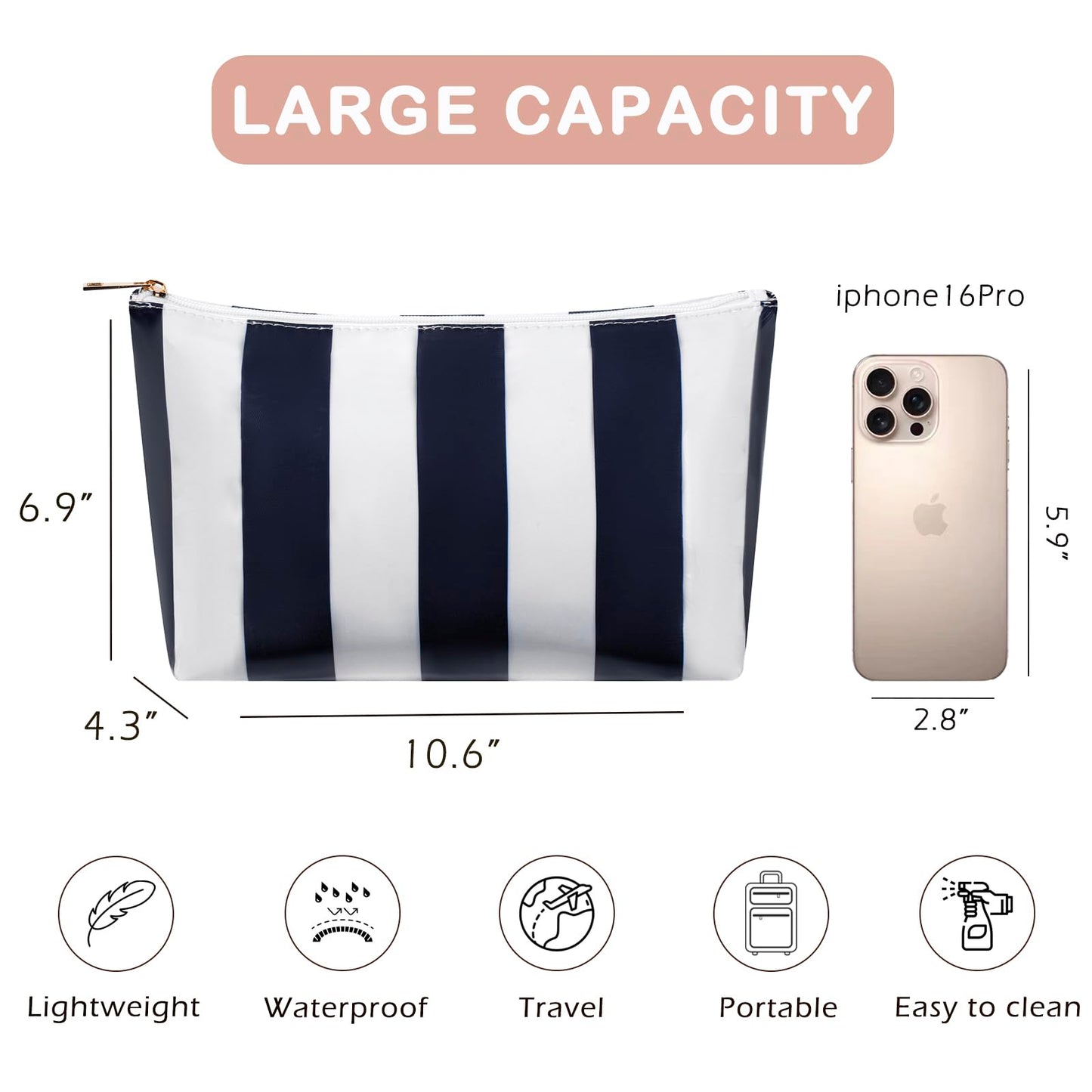 RSRSLEII Large Waterproof Travel Stripe Makeup Bag,Aesthetic PVC Toiletry Bag,Coquette Cosmetic Bag Organizer,Cute Preppy Carry-on Travel Accessories Essentials for Women Girls(Dark Blue)