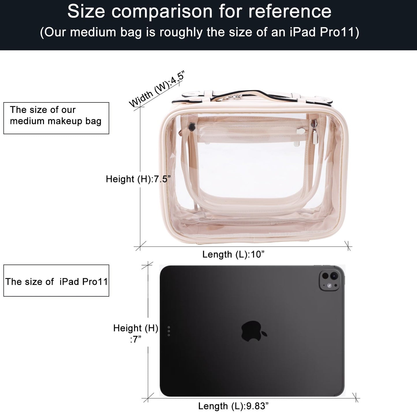 SANHECUN traveling toiletry case clear cosmetics case makeup bag Dimensions | LxWxH:10” x 4.5” x 7.5”(Beige, Medium)