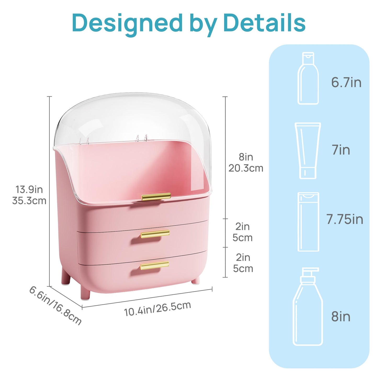 Vtopmart 3-Tier Skincare Makeup Organizer with Drawers and Lid for Vanity and Bathroom Countertop, Large Cosmetic Storage Box Case for Dresser, with Non-Slip Base, Pink
