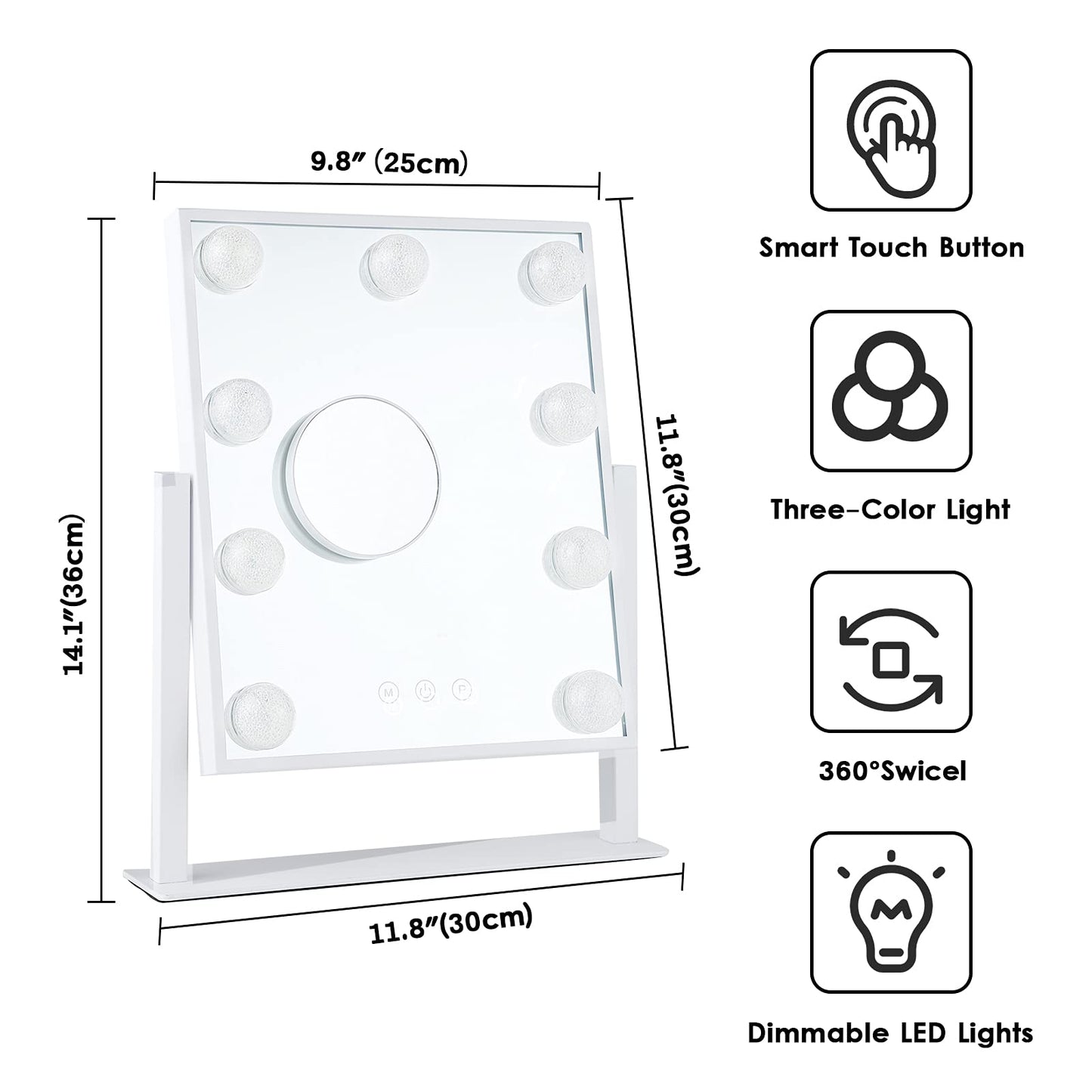 BWLLNI Vanity Mirror with Lights, Hollywood Lighted Makeup Mirror with 3 Color Modes and 9 Dimmable Diamond LED Light Bulbs, Detachable 10X Magnification, 360° Rotation, Touch Control, White