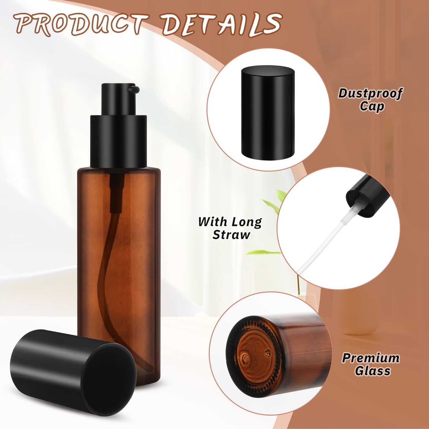 6 Pcs 60ml/2oz Amber Glass Pump Bottles Refillable Lotion Dispenser Cosmetic Sample Storage Container Vial with Black Pump Head for Liquid Foundation Soap Shower Gel Shampoo Toiletries