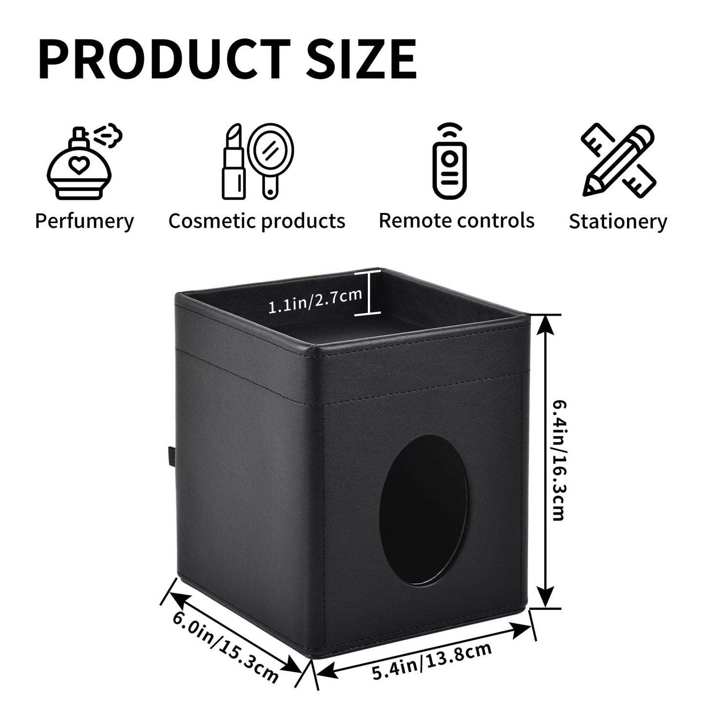 XNONE Tissue Box Cover Square Tissue Box Holder PU Leather Facial Tissues Organizer with Storage Tray for Bathroom Vanity Bedroom Office Car, Stylish Napkin Caddy Decorative Organizer (Black)