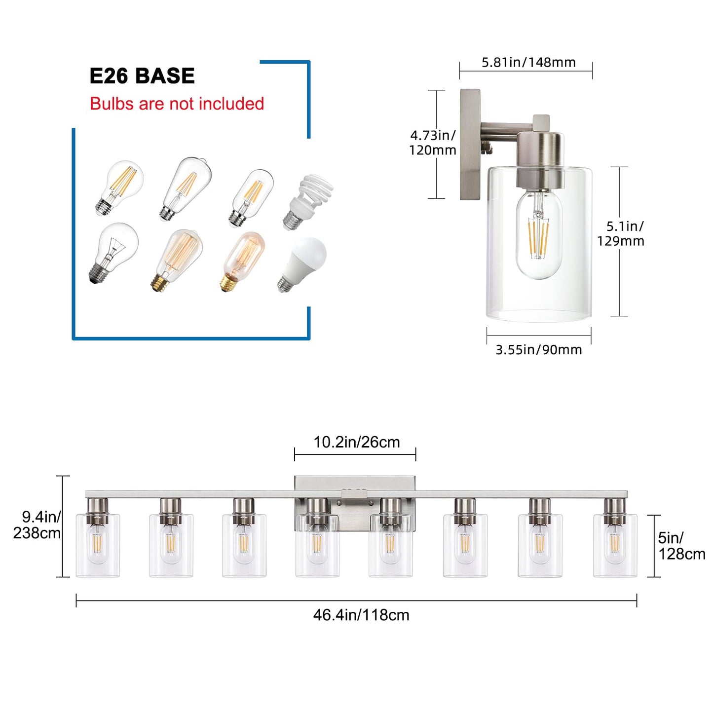 DIDUIO 8 Light Bathroom Vanity Light Brushed Nickel Bathroom Light Fixtures 8-Light Vanity Lights for Bathrrom Lights Fixtures Over Mirror Large Wall Sconce with Clear Glass Shade