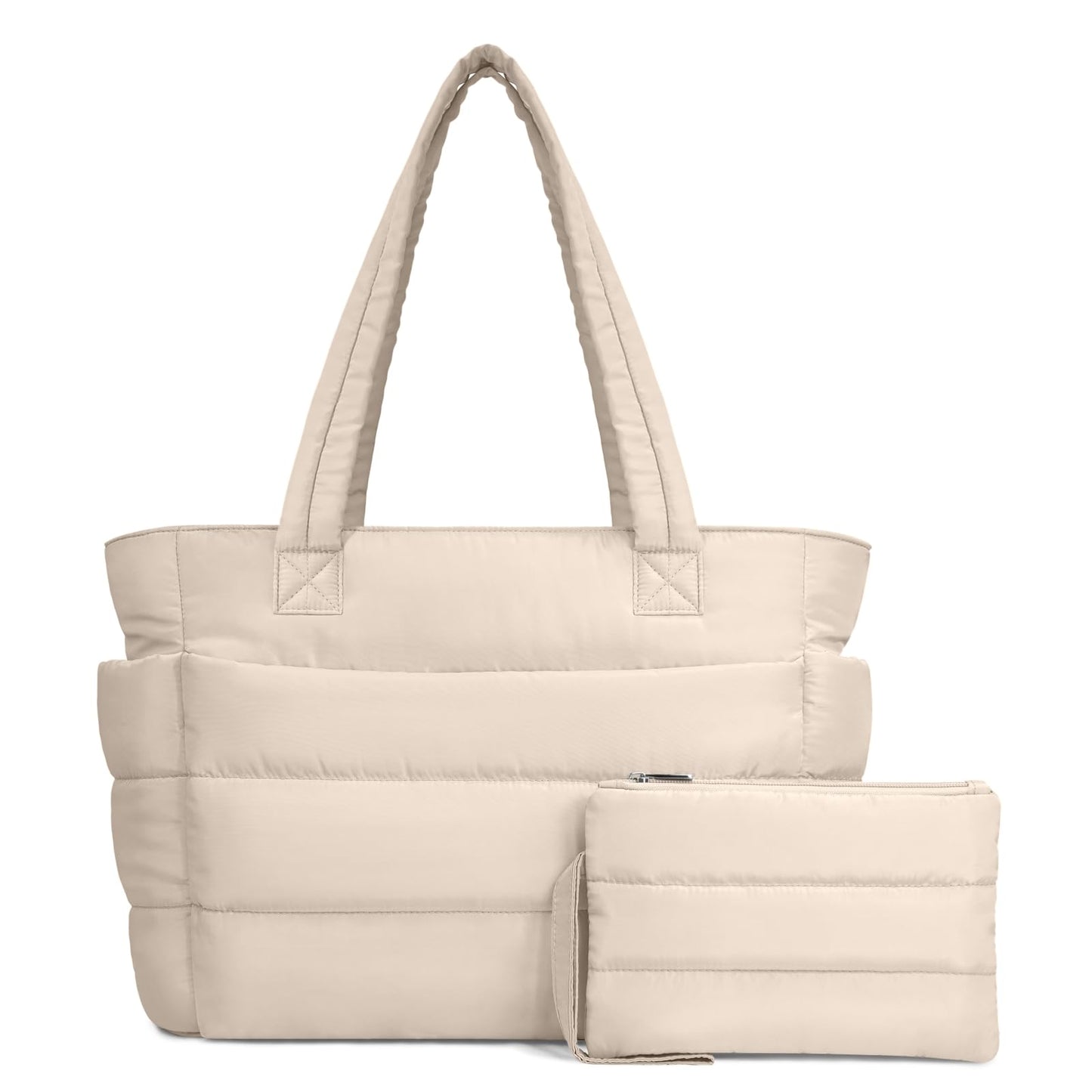 TOPDesign Puffer Tote Bag for Women, Lightweight Puffy Handbag with Compartments & Cosmetic Bag, Quilted Shoulder Bags for Work, Travel, Gym, Gifting (M Beige)