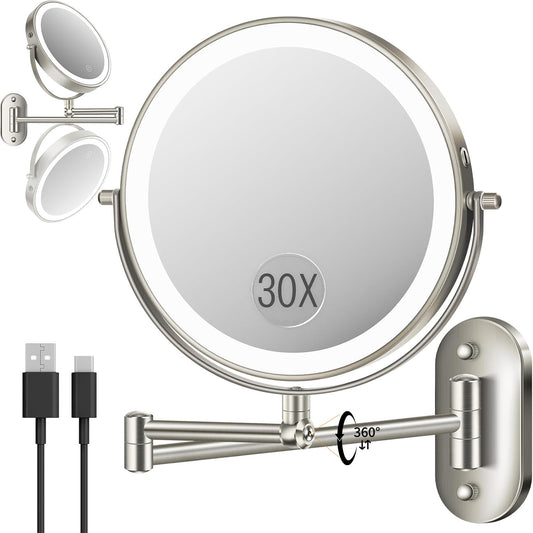 9'' 30X/1X Wall Mounted Lighted Makeup Mirror, Height Adjustable Double Sided 5000mAh Rechargeable Magnifying Bathroom Mirror with Light, 3 Color Modes Touch Dimmable Extended Arm 360 Rotation