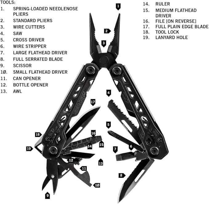 Gerber Gear Truss Multitool, Gifts for Men, 17-in-1 EDC Needle Nose Pliers, includes Pocket Knife, Screwdriver, and Bottle Opener Accessories, Fishing and Camping Gear, Black