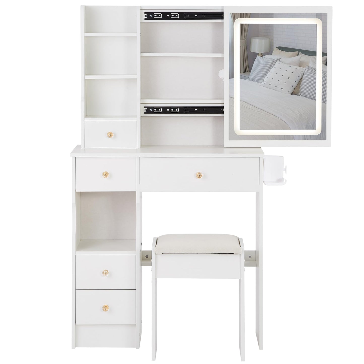 KEIKI Vanity Desk with Mirror Light and Charging Station, Makeup Vanity Table with Stool, Storage Drawer & Hair Dryer Holder, 29.2" Small Dressing Table Set with Tri-Color Lighting for Bedroom, White