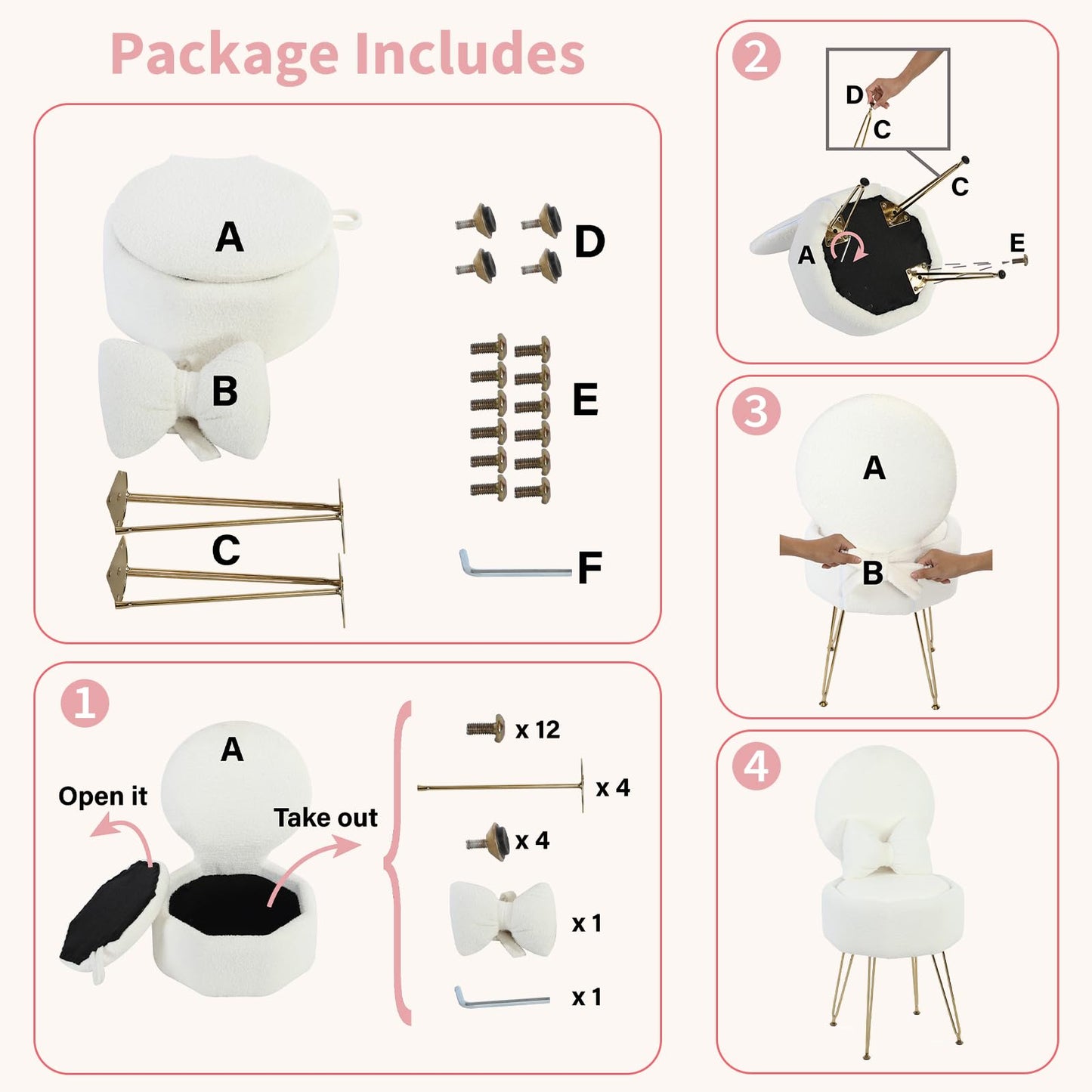 Garvee Vanity Stool Chair with Pillow & Foldable Backrest, Sherpa Fleece Vanity Chair with Stroage Space & Metal Legs, Soft Storage Ottoman, Modern Accent Chair for Makeup Bedroom Living Room, White
