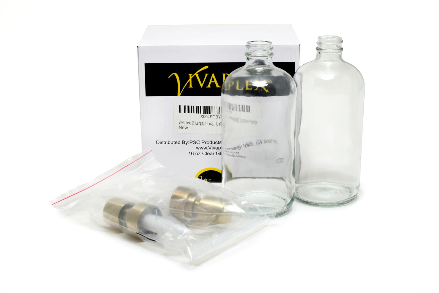 Vivaplex, 2, Large, 16 oz, Empty, Clear Glass Bottles with Stainless Steel, Yellow Gold, Lotion Pumps
