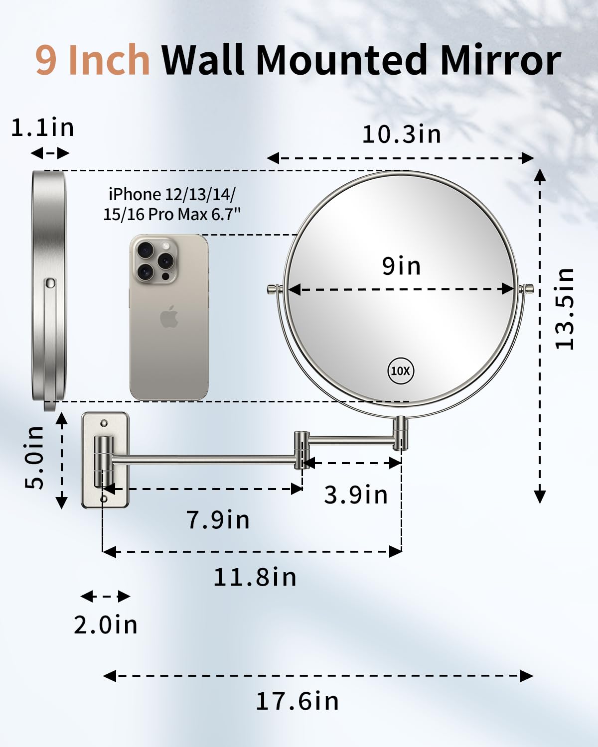 Benbilry 9" Large Size Wall Mounted Makeup Vanity Mirror, 1X/10X Magnifying Double Sided Shaving Mirror for Bathroom, 360° Swivel Extendable Arm, Nickel Finish