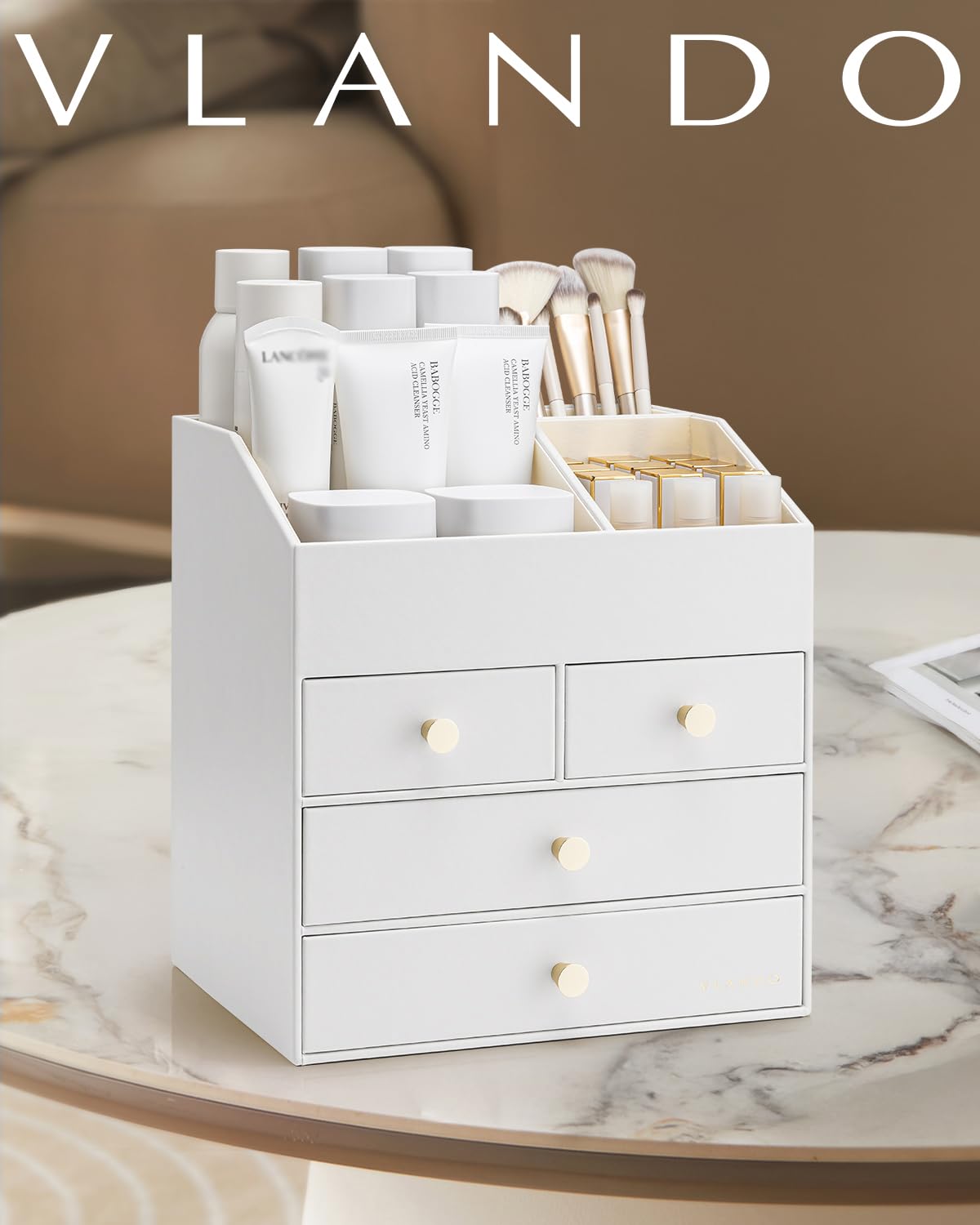 VLANDO Makeup Organzier,Vanity Organizer with Drawers, PU Leather Skincare Organizer Perfume Organizer,Large Cosmetic Display Case for Lipstick,Brushes Gifts for Women, White, 4 Layer