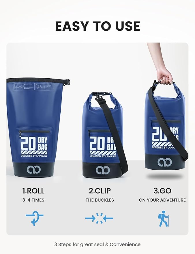 Lamicall Dry Bag, Waterproof Bag - [Durable & Floating] 5L/10L/20L/30L/40L Roll Top Drybag with Water Proof Phone Pouch for Travel Swimming Boating Kayaking Paddle Board Camping Beach Accessories
