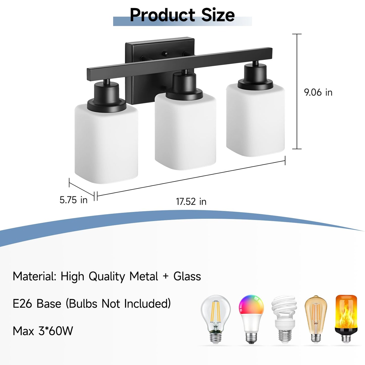DIKAIDA 3-Light Bathroom Vanity Light,Modern Matte Black Bathroom Light Fixtures with Square Frosted Glass,Wall Sconces Lighting fixtures Over Mirror Restroom, Living Room Hallway