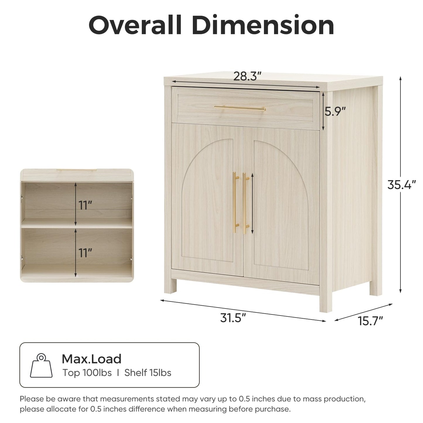 Madaha Mid-Century Modern Sideboard, 2-Door Accent Storage Cabinet with Arched Natural Wood Texture, Small Buffet Cabinet for Entryway, Living Room & Dining Room, White