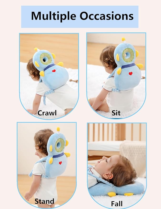 JunNeng Toddler Baby Head Protector Backpack for Toddler Walker with Knee Pads&Anti-Slip Socks, Robot Blue
