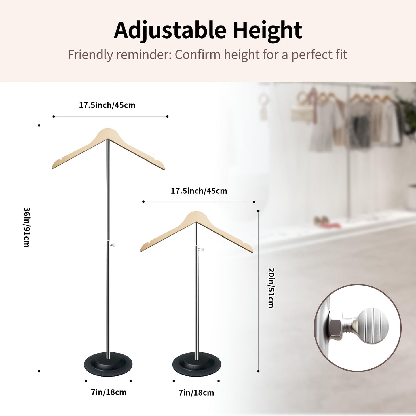 Gecauoea Shirt Display Stand 20-36“ Mannequin Torso with Pure Wood Hangers Dual Non-Slip Design, Stable Metal Base, Ideal T-Shirt Dress Form Display for Vendors, Retail, and Daily Use (White, 1 Pack)