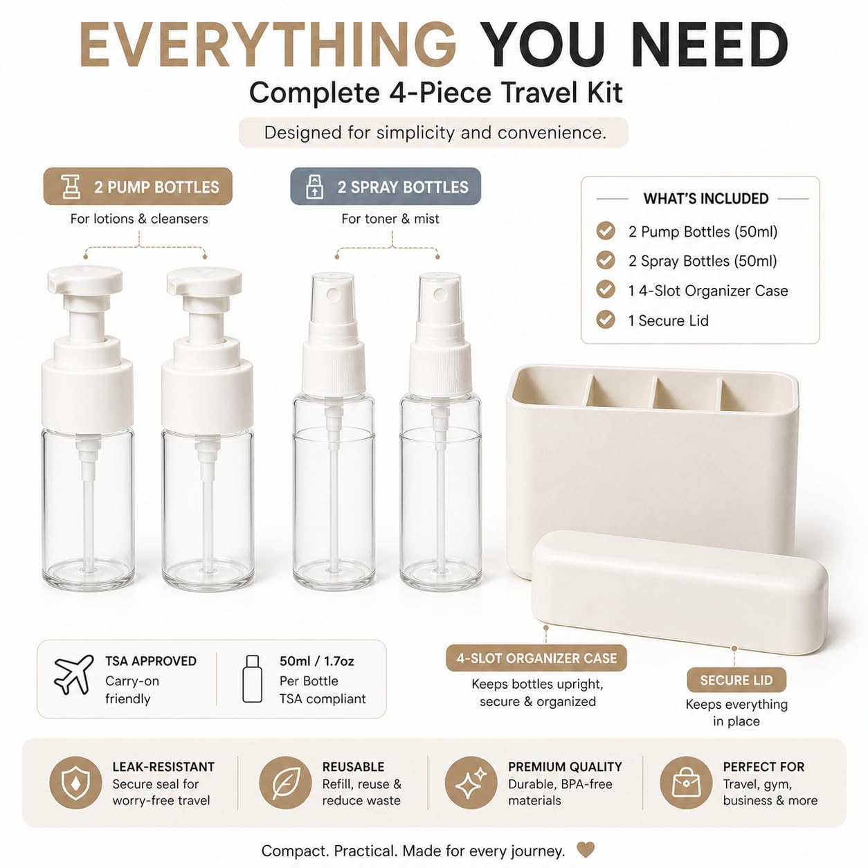 Patternly Prime Travel Bottles for Toiletries (2 Pump + 2 Spray), TSA Approved 1.7oz/50ml Travel Containers Set with Case, Leak Proof Skincare Travel Kit for Lotion, Cleanser, Toner & Facial Mist