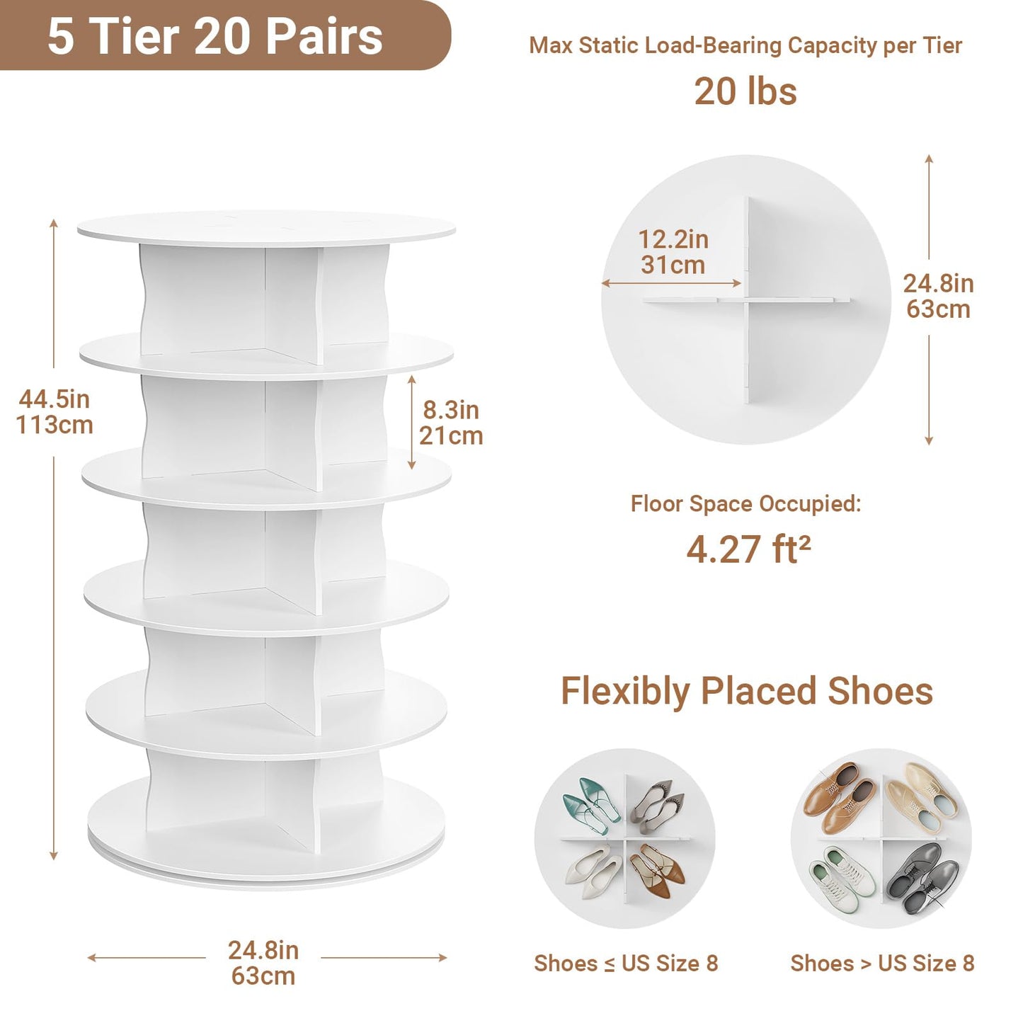 HOMETUK 5-Tier Rotating Standing Shelf Unit with Dividers, 360° Storage Display Tower Vertical Floor Organizer, for Bedroom, Closet, Entryway & Office, Ideal for Shoes, Cosmetics & Handbags, White
