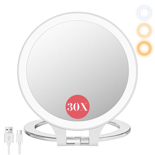 FASCINATE Rechargeable Travel Makeup Mirror 30X Magnification, 6.5" Lighted Portable Vanity Mirror with 3 Colors Lighting & Stepless Dimming, Double Sided LED Mirror, Gift for Women (White)