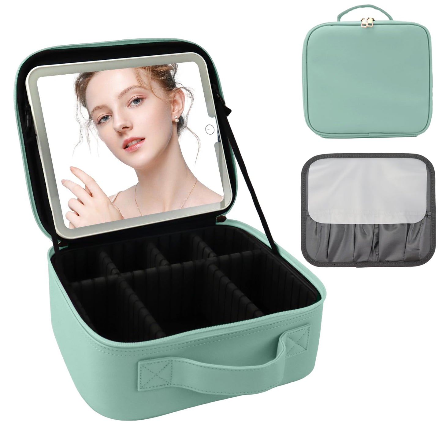 SUILU Travel Makeup Bag with LED Mirror and Light Makeup Travel Bag Organizer Portable Cosmetic Brush Organizer Bag with Adjustable Dividers for Cosmetics Makeup Brushes Toiletry (Light Green)