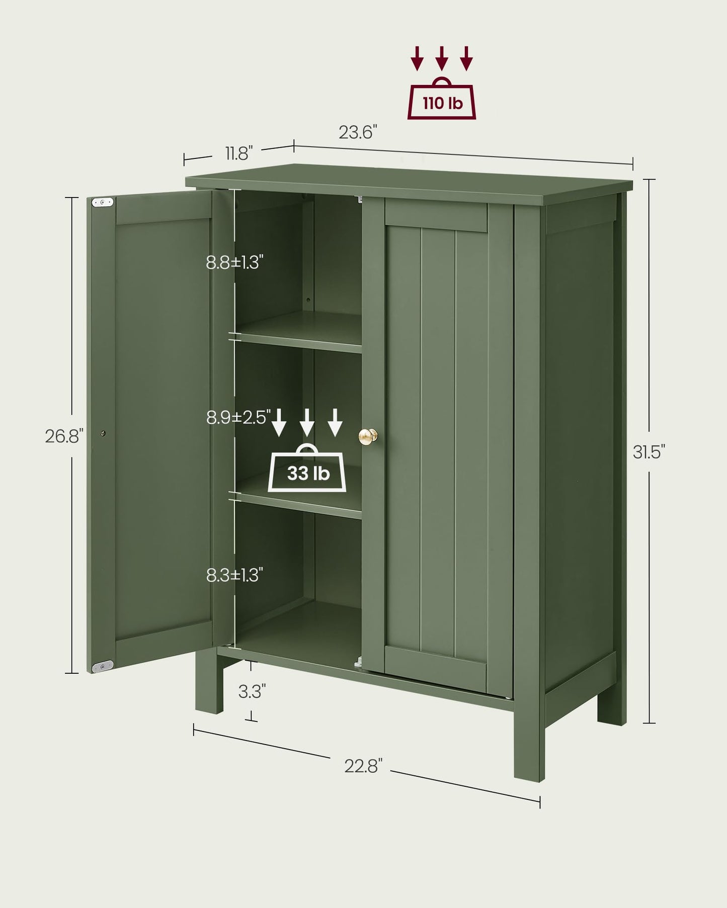 VASAGLE Bathroom Floor Storage Cabinet, Bathroom Storage Unit with 2 Adjustable Shelves, Bathroom Cabinet Freestanding, 30 x 60 x 80 cm, Forest Green UBCB060C01V1