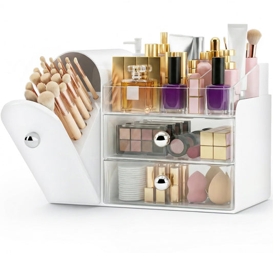 TRQWRO Makeup Organizer,Vanity Organizer with Makeup Brush Holder,Large Skincare Organizers with Drawers,Bathroom Countertop Organizer,Storage Lipstick,Perfume,Nail Polish,Beauty,Gifts for Woman