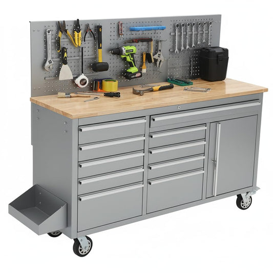 IDEALHOUSE 61-inch Rolling Tool Chest, 10 Drawers Garage Workbench Storage Tool Cabinet with Power Strip, Solid Rubber Wood Top, 1675 LBS Load Mobile Workstation, Heavy Duty Rolling Cabinet, Silver