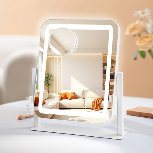 E-MeySource Vanity Mirror with LED Lights, LED Lighed Makeup Mirror, 3-Color Dimmable Touch Screen, 5X Magnification, 360° Rotation, Large Tabletop Mirror for Bedroom Vanity, White 14.8x12.6 Inch