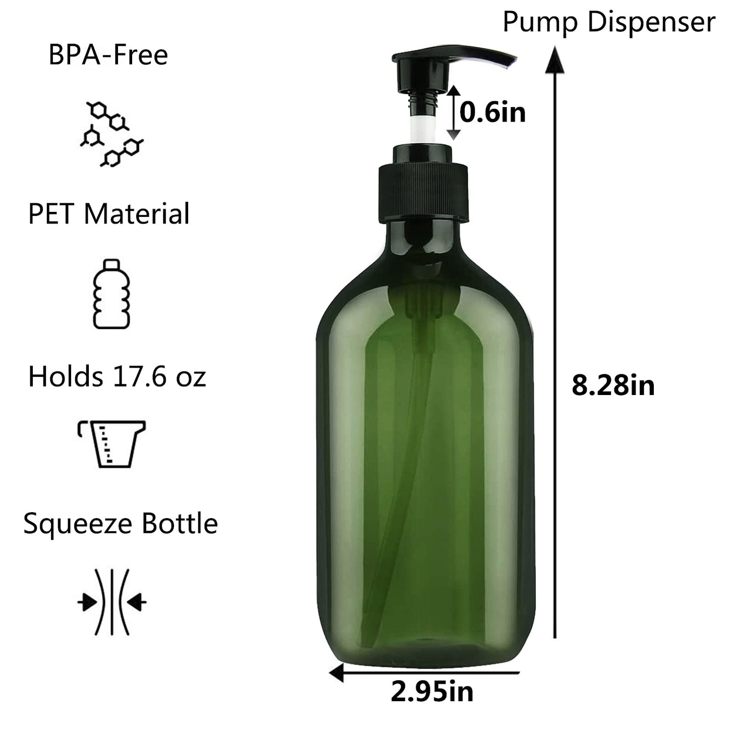 Empty Plastic Bottles with Pump Dispenser and Labels Included, Refillable Travel Containers for Hand sanitizer Shampoo Lotion, etc - No BPA/Parabenf, 500ml/16.9oz (Green, 3 Pack)
