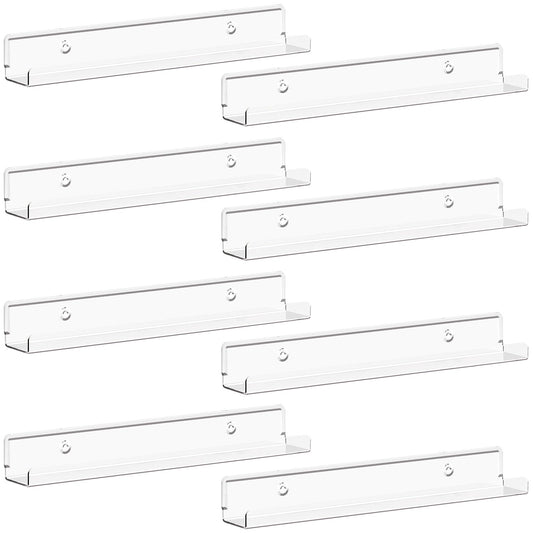 Lifewit Narrow Floating Shelves for Vinyl Record 8 Pack, 12" Clear Wall Shelves for Nail Polish/Book/Picture/Makeup, Acrylic Wall Display Shelf Organizer for Bedroom, Living Room, Bathroom Decor