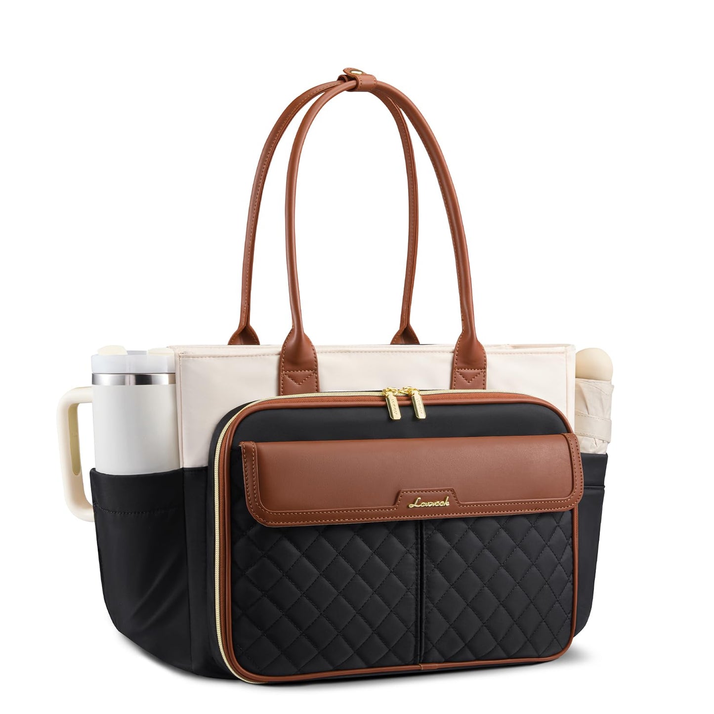 LOVEVOOK Teacher Tote Bag for Women Work, 15.6 Inch Laptop Bag with Large Cup Holder, Quilted Nurse Bag Briefcase with Accordion File Pocket, Computer Handbag for Bussiness Travel, Office, College