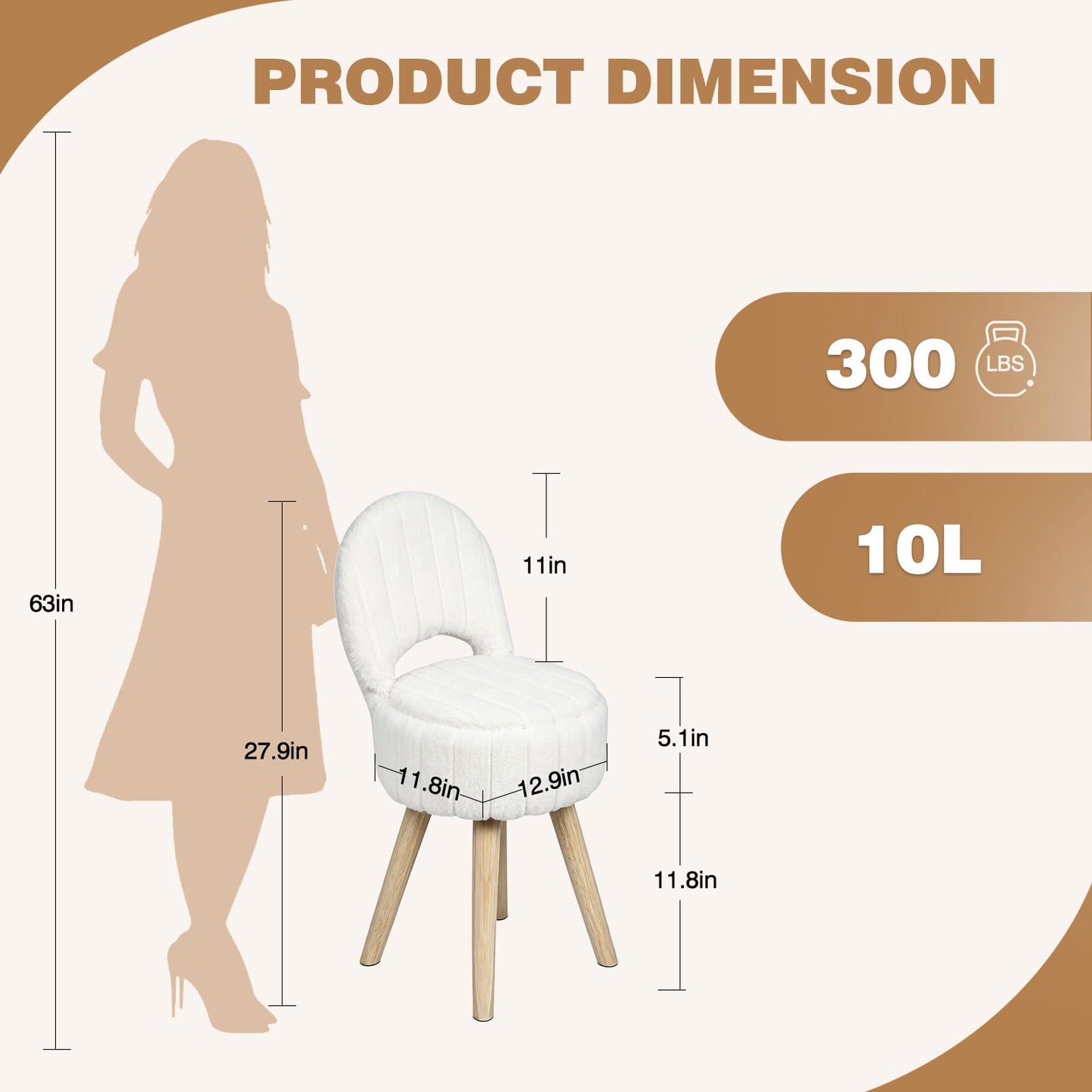 KANEODOT Vanity Stool with Storage & Folding Back,11.8“ D x 12.9” W x 27.9" H Round Faux Fur Cute Vanity Chair with 4 Solid Wood Legs,Comfy Small Makeup Ottoman for Living Room,Bedroom,Closet,White