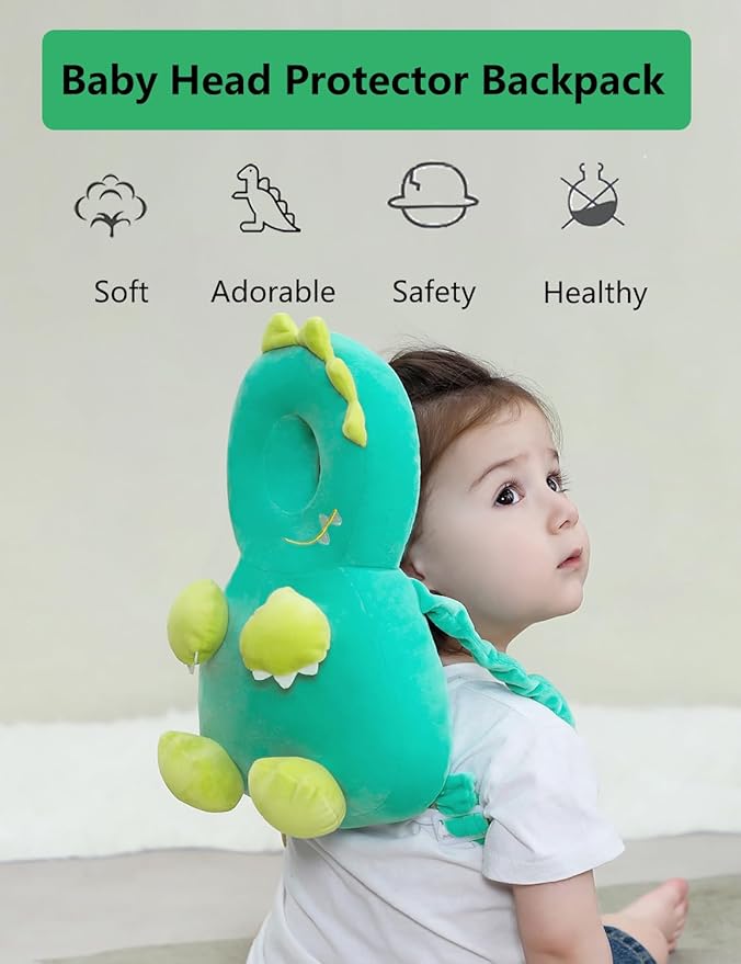 JunNeng Toddler Baby Head Protector Backpack for Toddler Walker with Knee Pads&Anti-Slip Socks, Dinosaur Green