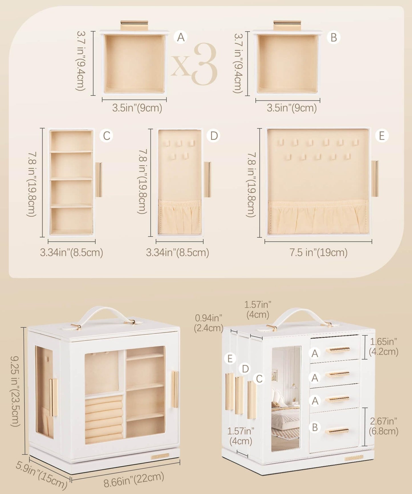 Homde Jewelry Box for Women Large: Rotating Organizer for Ring Earring Necklace Bracelet - 7 Drawers Storage for Dresser (White)
