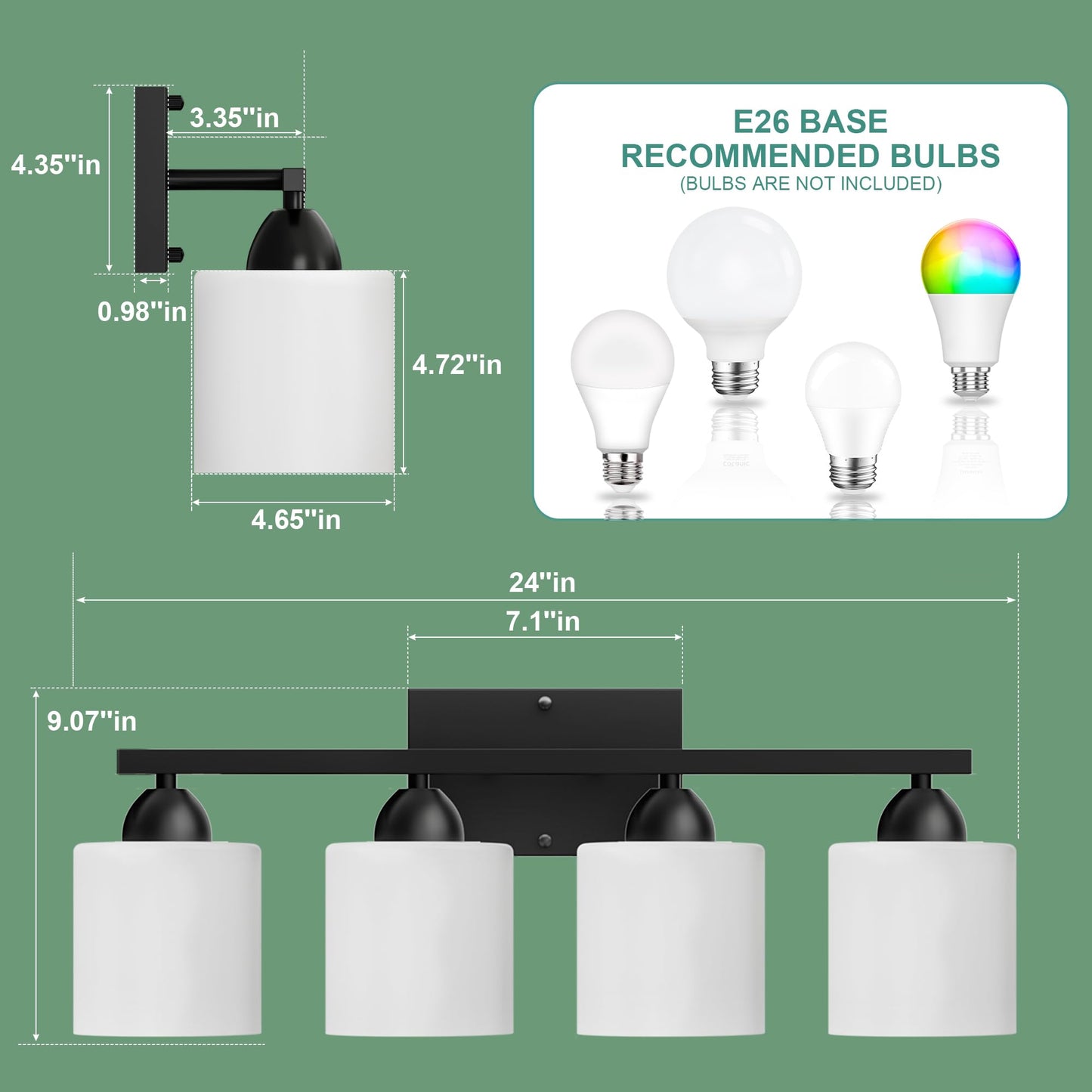 Dekang Black Bathroom Lighting Fixtures Over Mirror, 4-Light Anti-Rust Vanity Light for Bathroom, 24Inches Modern Wall Sconce, Standard E26 Base, Milky White Glass Shades, Bulbs Not Included