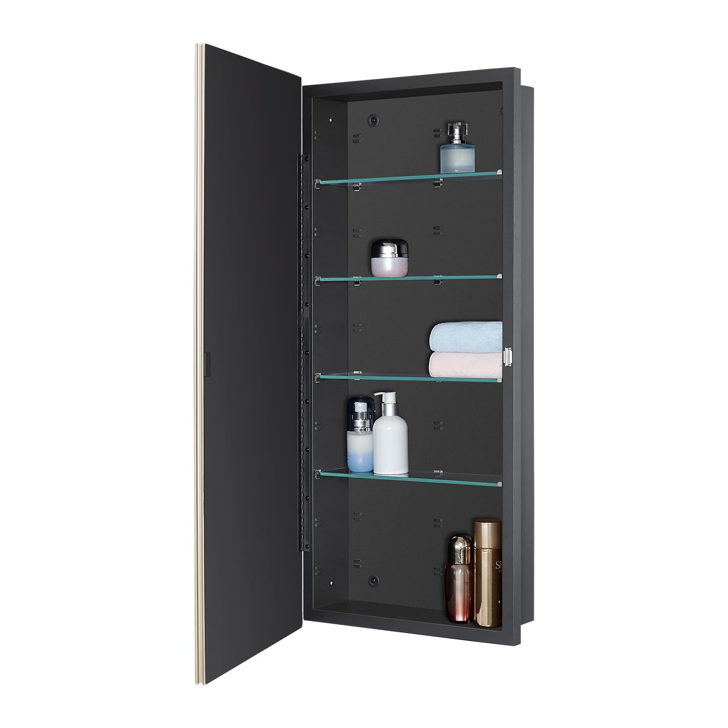 IDYLLOR Black Medicine Cabinet with 16x36 Inch Gold Frame Mirrored Door, Wall Mounted Storage, Recessed or Surface Mount, 4 Adjustable Glass Shelves, Vanity Organizer for Bathroom, Bedroom, Hallway