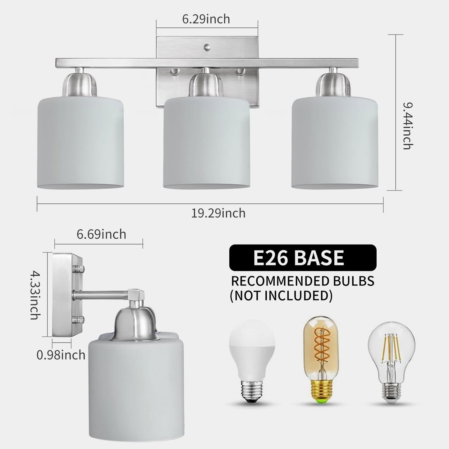 FAISHILAN Brushed Nickel Bathroom Light Fixture, Anti-Rust Finish 3 Light Vanity Lights for Bathroom, Bath Lights with Milky White Frosted Glass Shades, E26 Socket