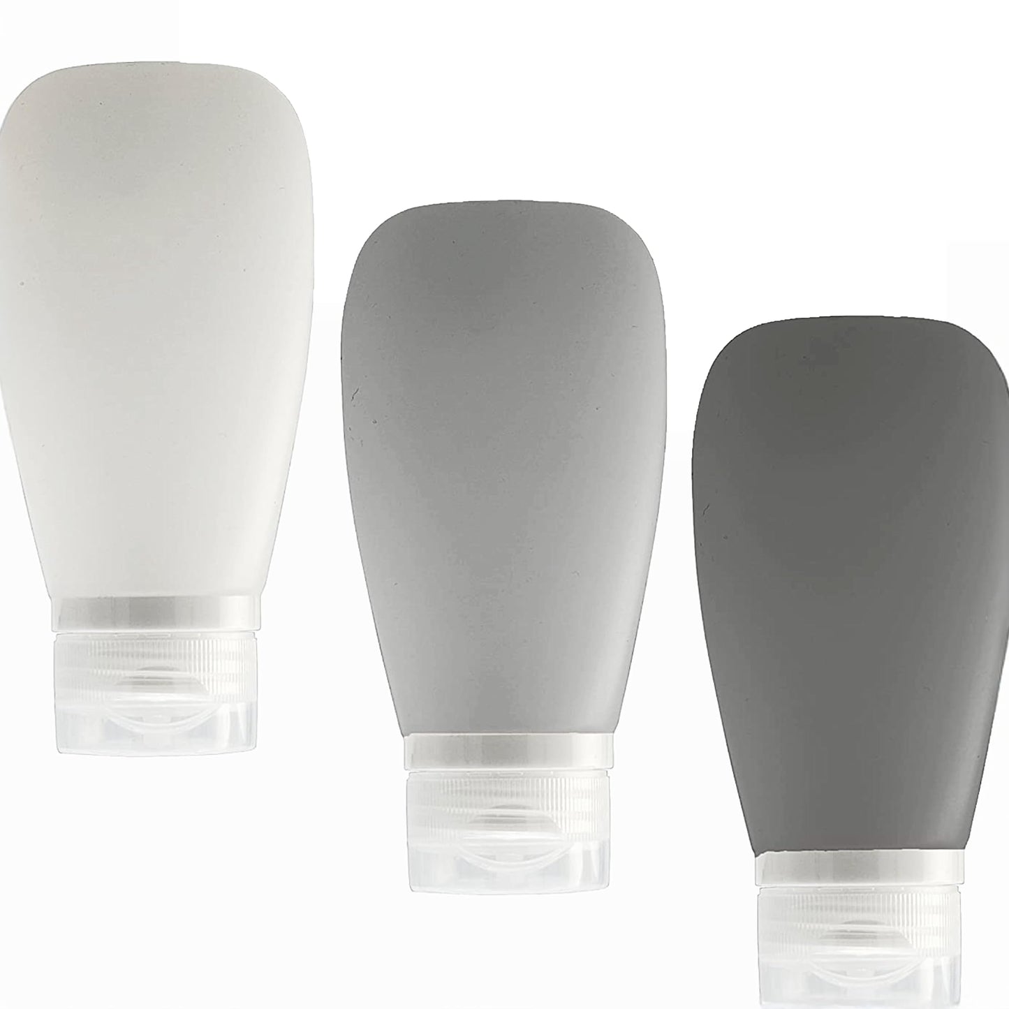 LYOB Travel Bottles for Toiletries, TSA Approved 3oz (90ml) Leak Proof Silicone Refillable Squeeze Travel Size Containers BPA Free for Cleansers, Lotions, Shampoo 3-pk (Black-Gray-White)