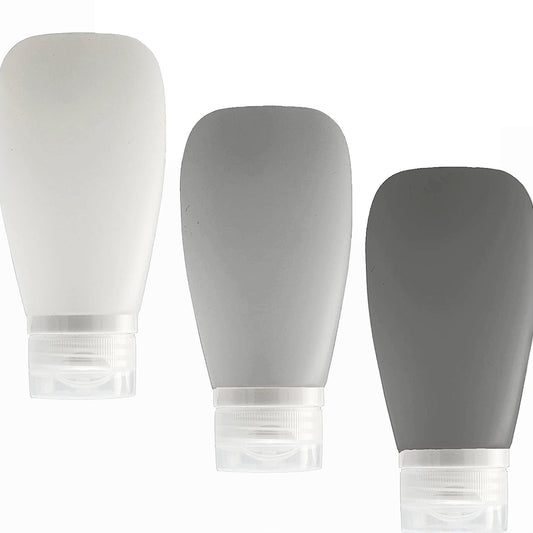 LYOB Travel Bottles for Toiletries, TSA Approved 3oz (90ml) Leak Proof Silicone Refillable Squeeze Travel Size Containers BPA Free for Cleansers, Lotions, Shampoo 3-pk (Black-Gray-White)
