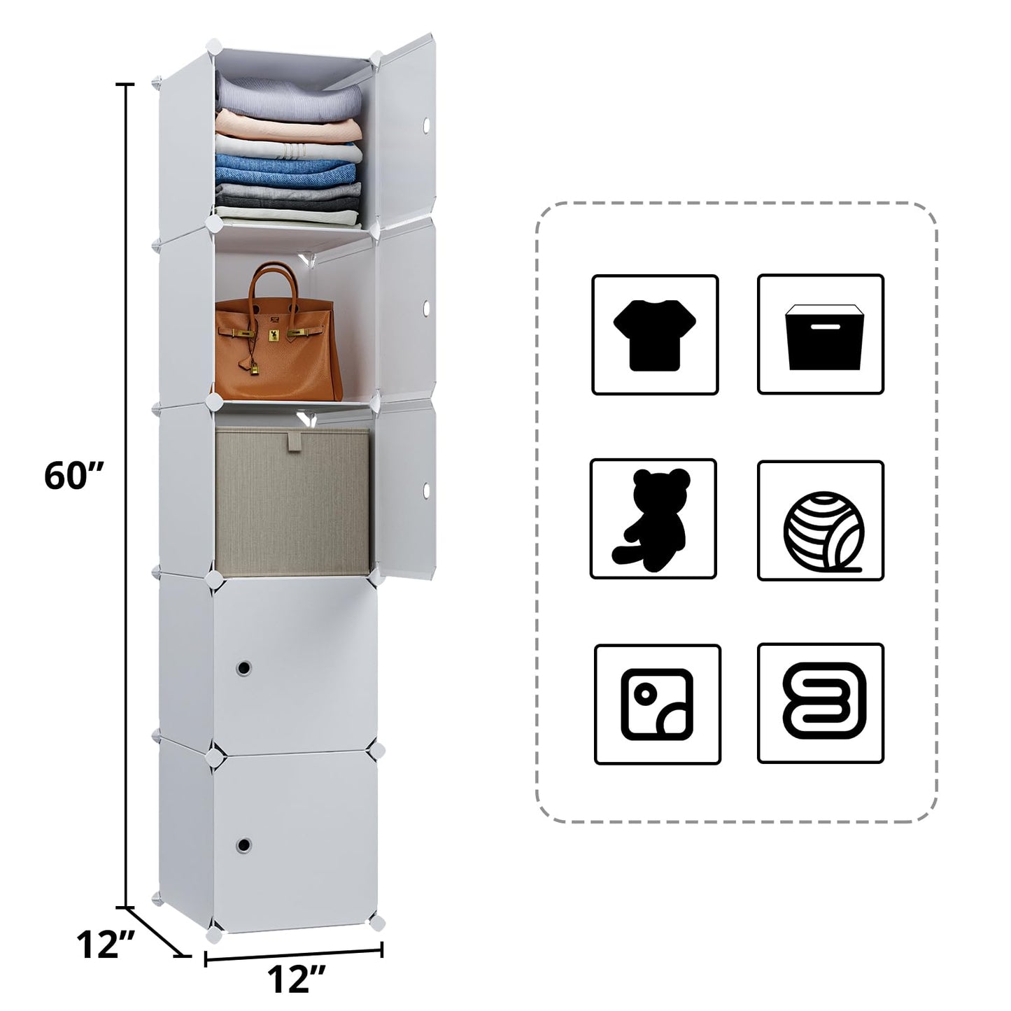 MAGINELS 5 Cube Storage Cabinet, Narrow Clothes Storage with Doors,Tall Plastic Standing Organizer Shelves for Small Spaces,Use to Closet,Bedroom,Livingroom,White(11.8x11.8inch)
