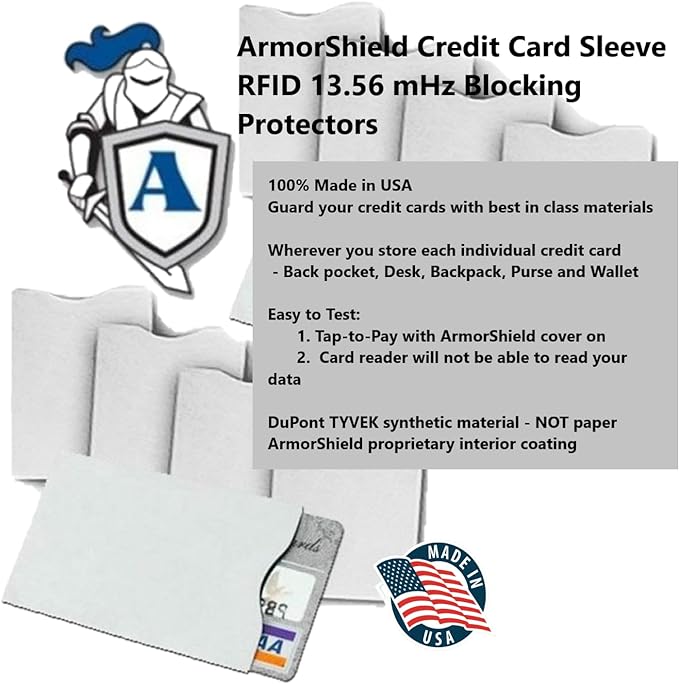 50x RFID Blocking Sleeves Credit Card Protector 100% MADE IN USA Anti-theft for Travel wallet, purse. Protect debit, credit card, IDs. ArmorShield Your Identity (50PAK)