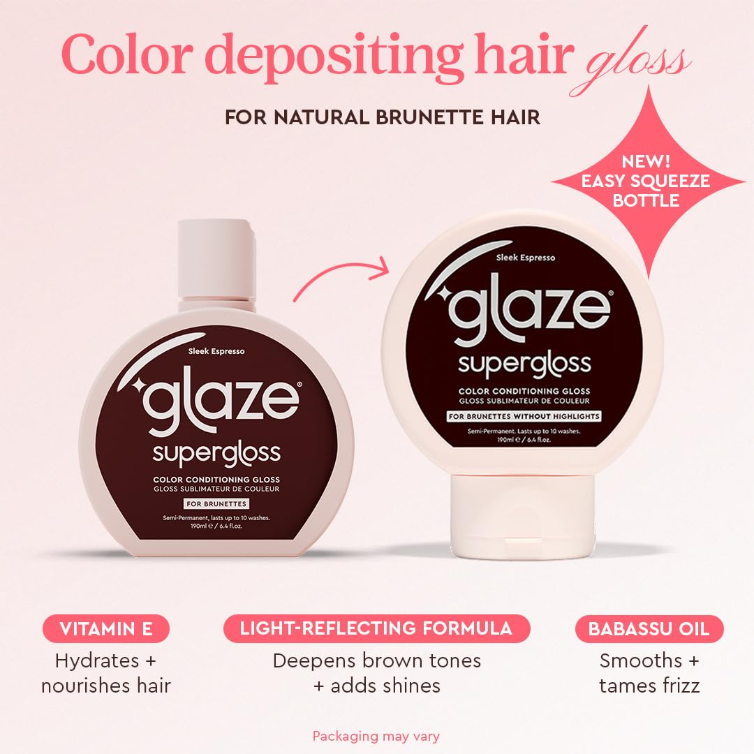 Glaze Supergloss Color Conditioning Gloss – Hydrating Semi-Permanent Color Hair Gloss & Shine Boost – For Natural Dark Brown Hair – 6.4 Fl Oz - Sleek Espresso