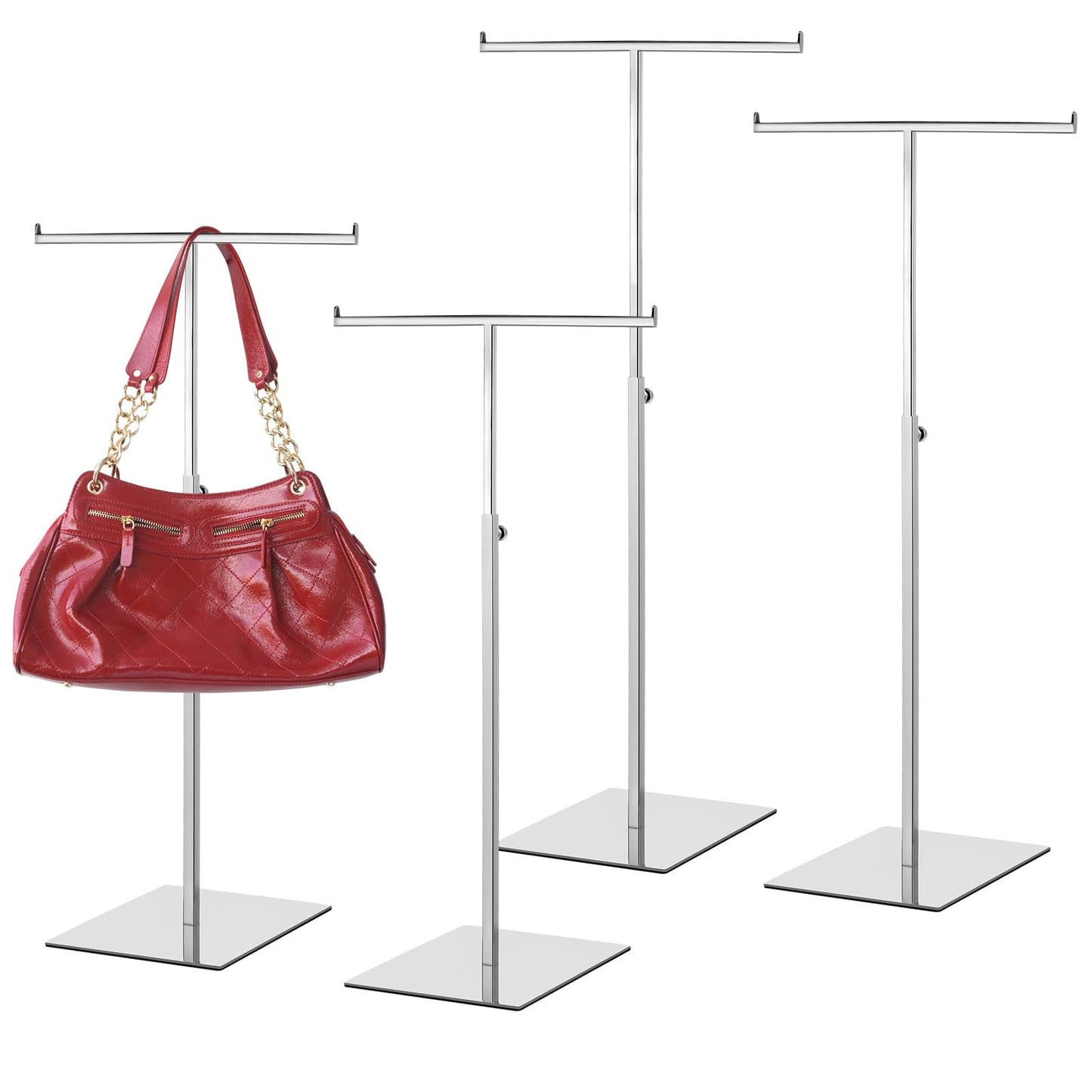 Leinuosen 4 Pcs Tabletop Purse Display Stand Metal T Bar Handbag Display Stand Holder Adjustable Height Double Hook Hanging Jewelry Stands for Home Store Boutique Counter(Silver)