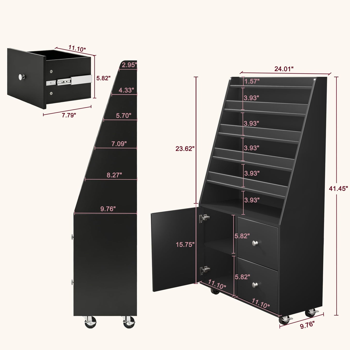 WLLPNG Nail Polish Shelves with LED Light, Rolling Nail Polish Cabinet Organizer Display Stand with Cabinet & 2 Drawers, Large Capacity Nail Storage Rack for Salon Home