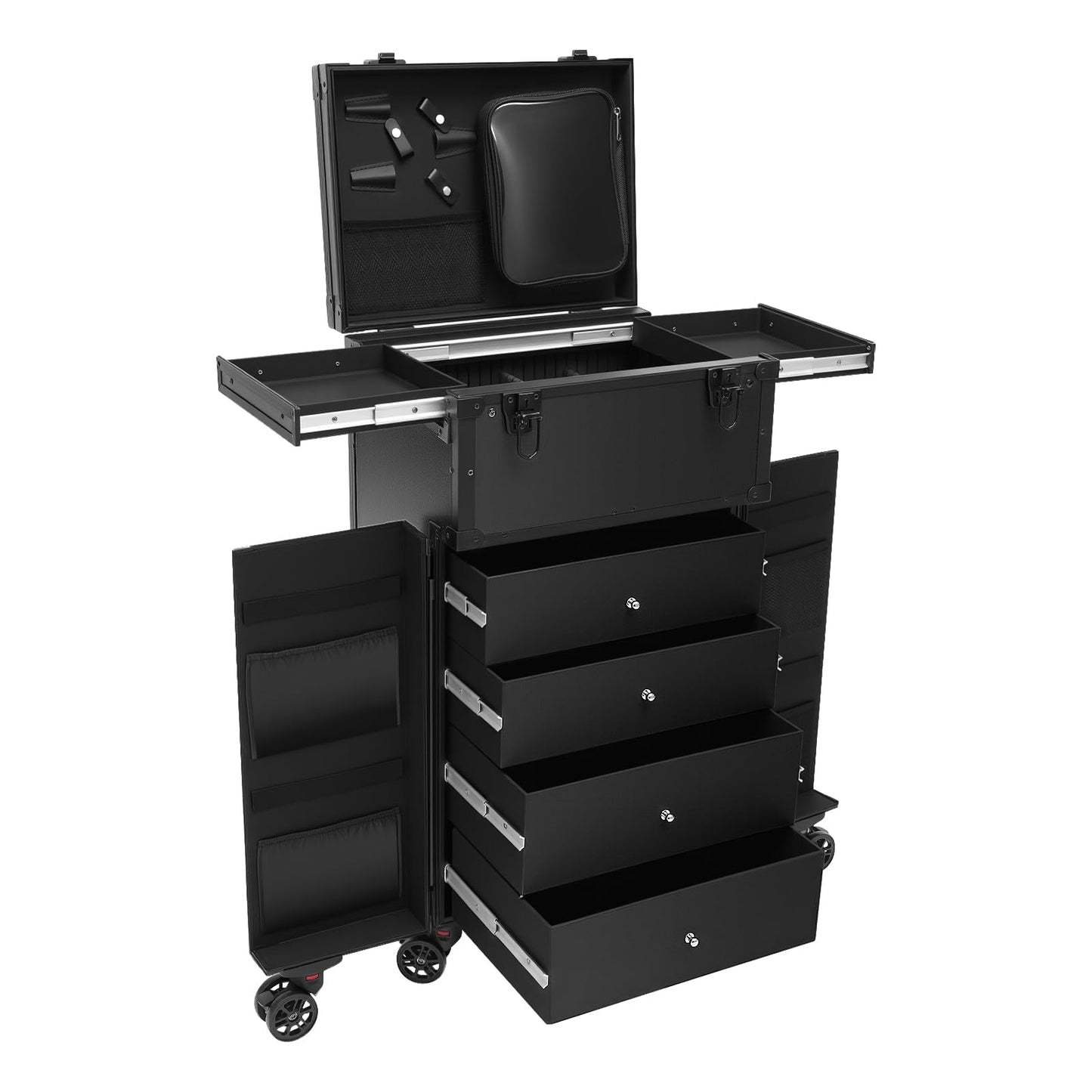 DingYiHanHan Professional Rolling Makeup Case 4 Drawers Makeup Artist Cosmetic Train Case Hairstylist Travel Case Portable Make Up Station with Multiple Compartments Extra Large Black