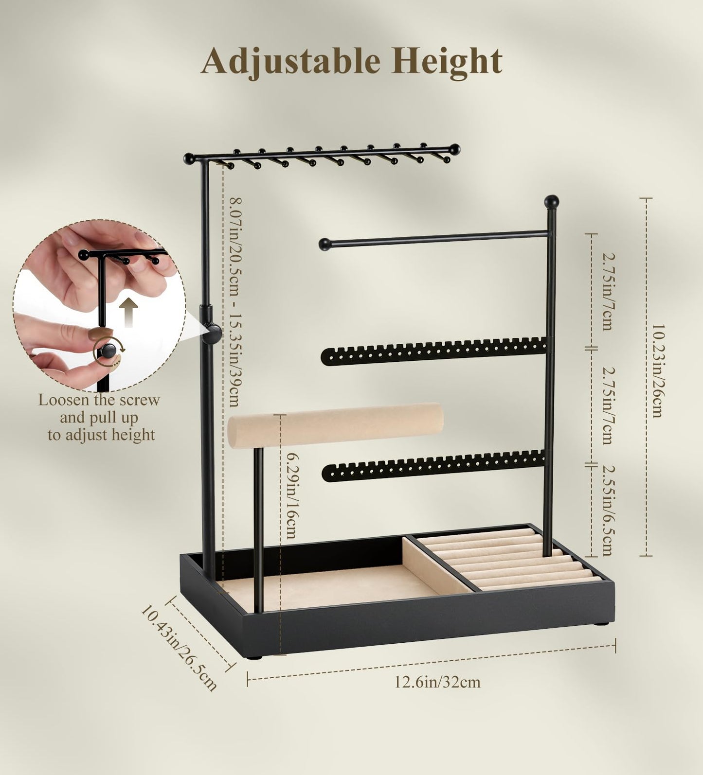 Emibele Jewelry Holder, Jewelry Organizer Stand Necklace Earring Bracelet Holder, 5 Tier Jewelry Display Tower Rack with Metal Frame and Velvet Ring Tray, Aesthetic Jewelry Stand Gift for Women, Black