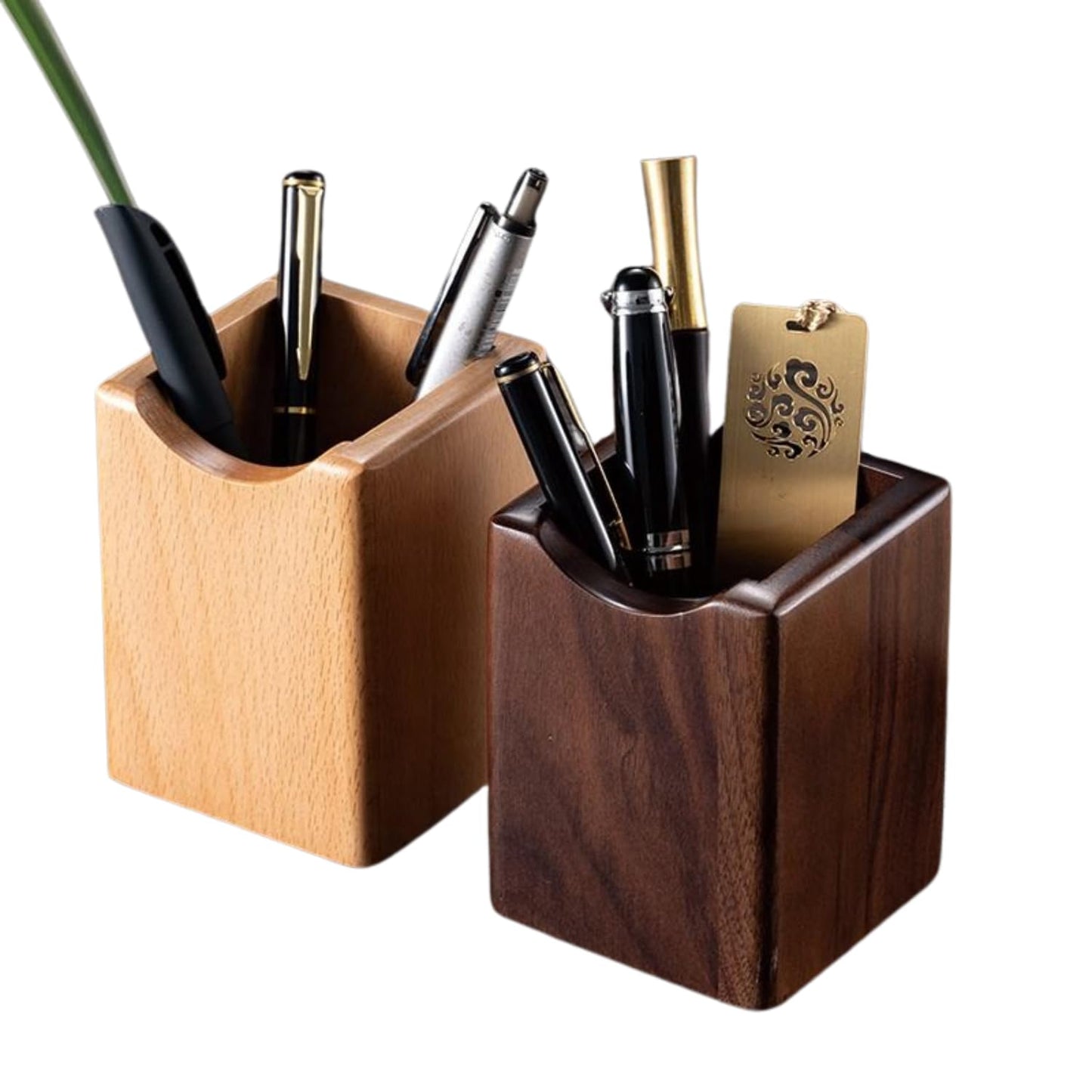 Wooden Pen Holder for Desk, 2 Pack Natural Wood Pencil Cup Holder – Office Desk Accessories Organizer, Makeup Brush Holder, Kids Crayon Marker Caddy, Eco-Friendly (2 Pack - 1 Beech + 1 Walnut))