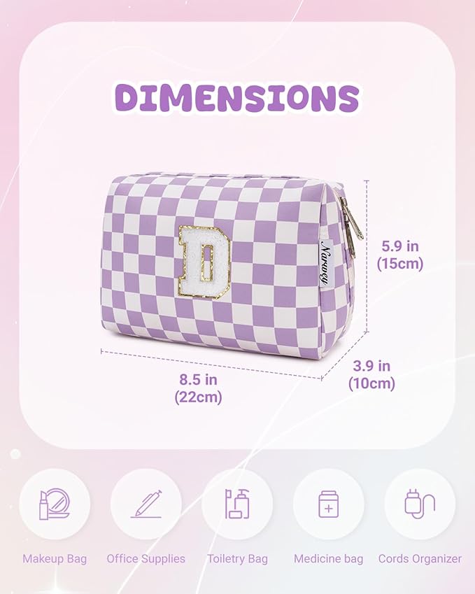 Narwey Birthday Gifts for Women Teen Girls Kids Personalized Initial Makeup Bag Monogram Preppy Cosmetic Bag Trendy Stuff 6 8 10 11 12 13 14 16 18 Years Old Travel Toiletry Bag (Purple Letter D)